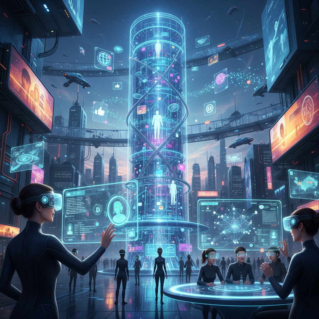 create an image which references social networking in the modern day. make it look futuristic